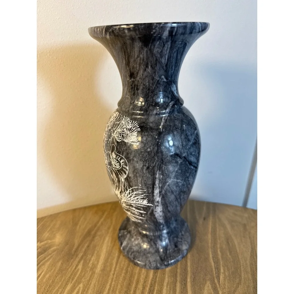 Vintage Hand Carved Marble Vase Home Decor 12.5in Grey Etched Tiger Pine Tree